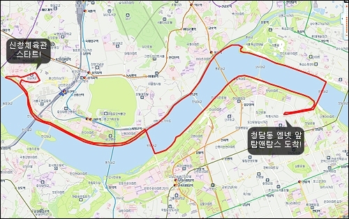 강변 자전거도로 (북단) > 영동대교 > 청담동 엠넷 > 강변자전거도로 (남단) > 반포대교 > 집 (총 30Km)